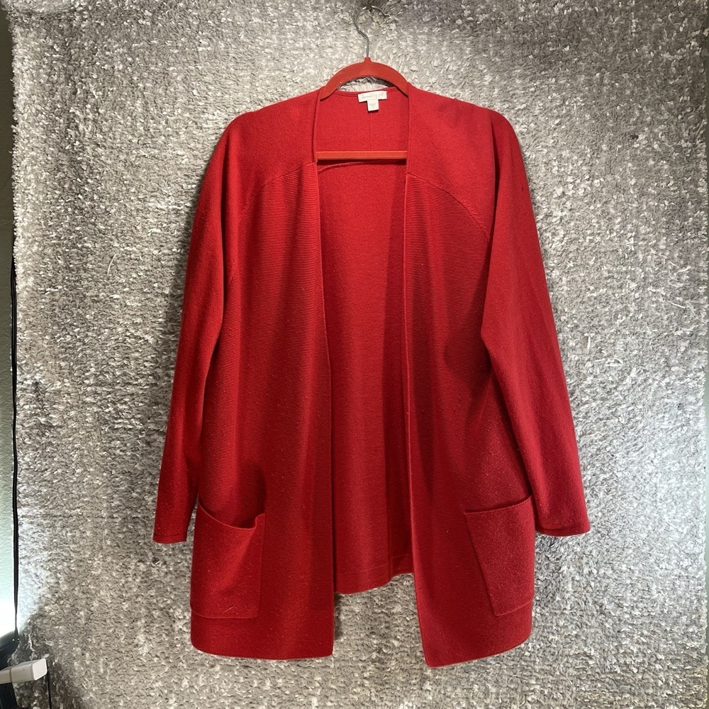 J. Jill Open Front Cardigan Sweater Size L Cashmere Red Pockets Minimalist READ